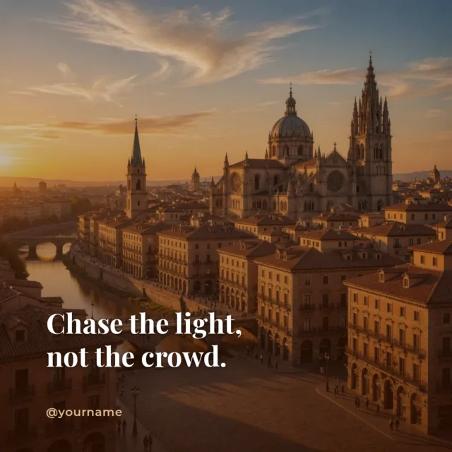 A golden-hour travel photo post with a white headline